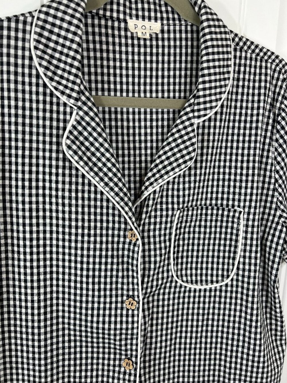 P.O.L Black White Gingham Cotton Button Front Blouse Top M Cottagecore
